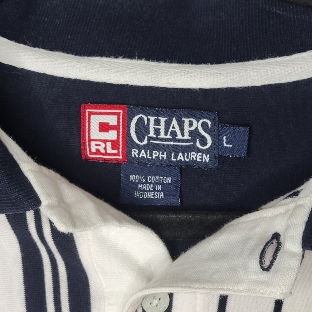 Vintage 90s Chaps Ralph Lauren Striped Polo Shirt Size Large in Blue White Red - Picture 4 of 4